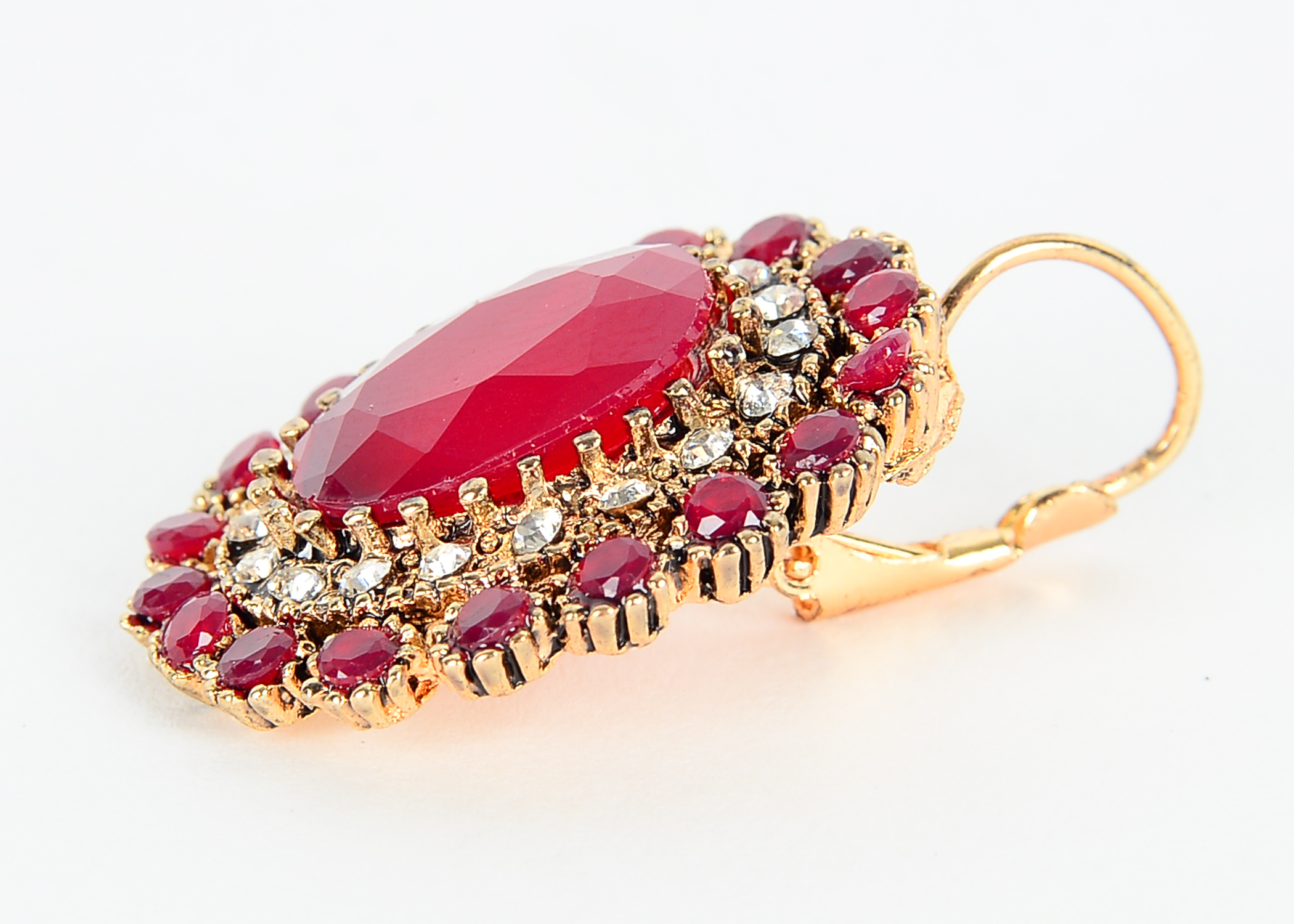 Two Pairs of Ruby, Rhinestone, and Chrysoprase Earrings