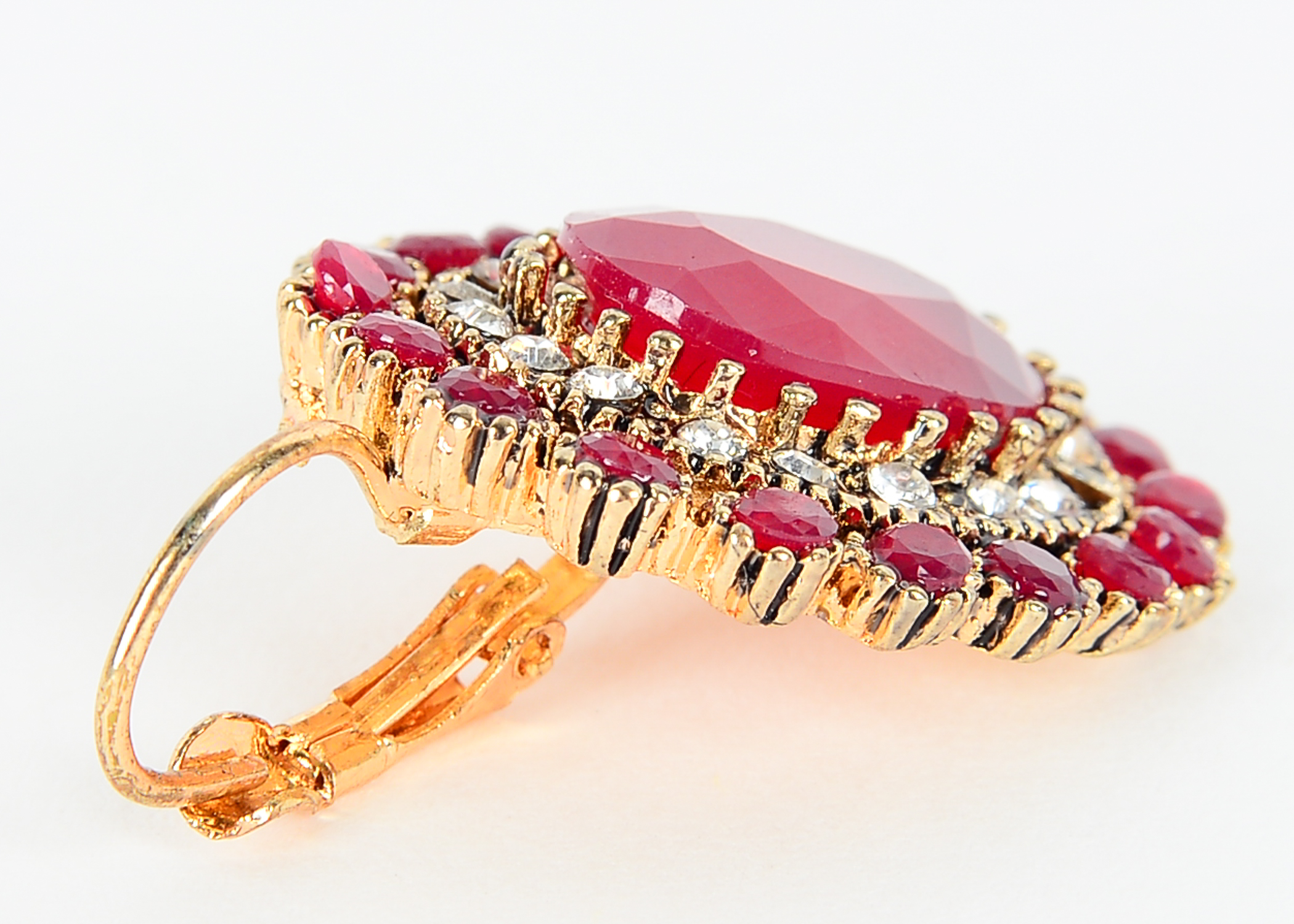 Two Pairs of Ruby, Rhinestone, and Chrysoprase Earrings