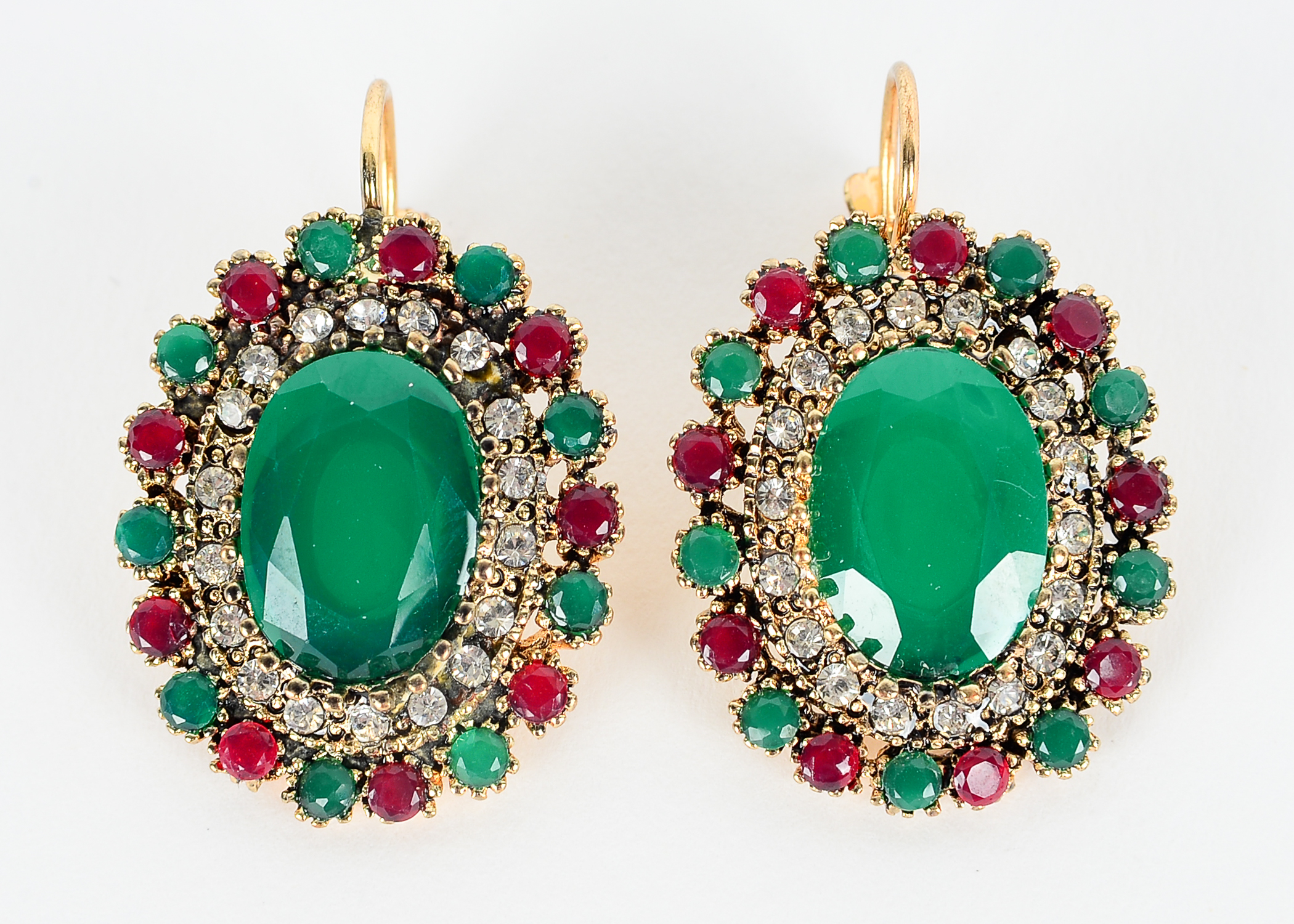Two Pairs of Ruby, Rhinestone, and Chrysoprase Earrings