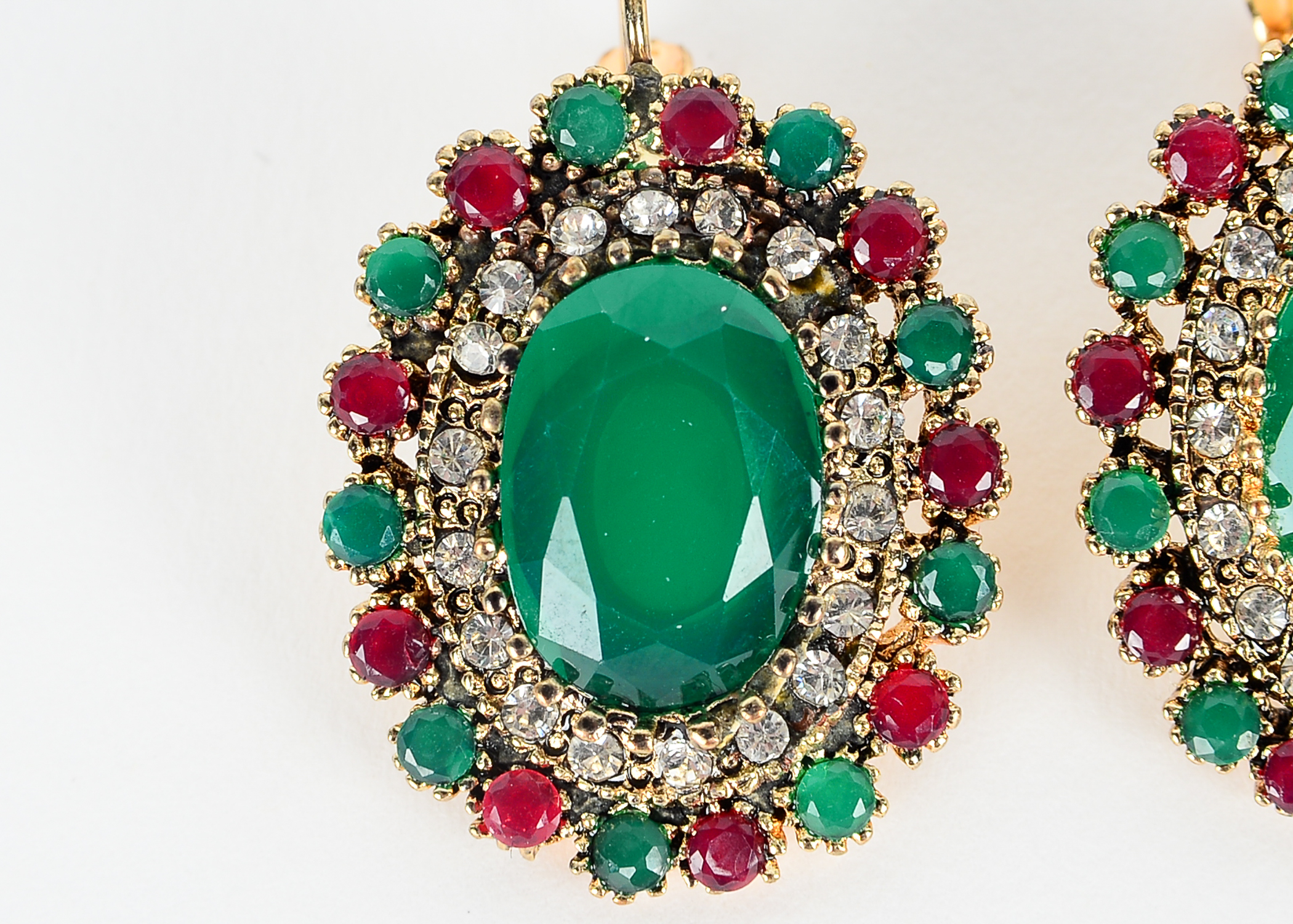 Two Pairs of Ruby, Rhinestone, and Chrysoprase Earrings