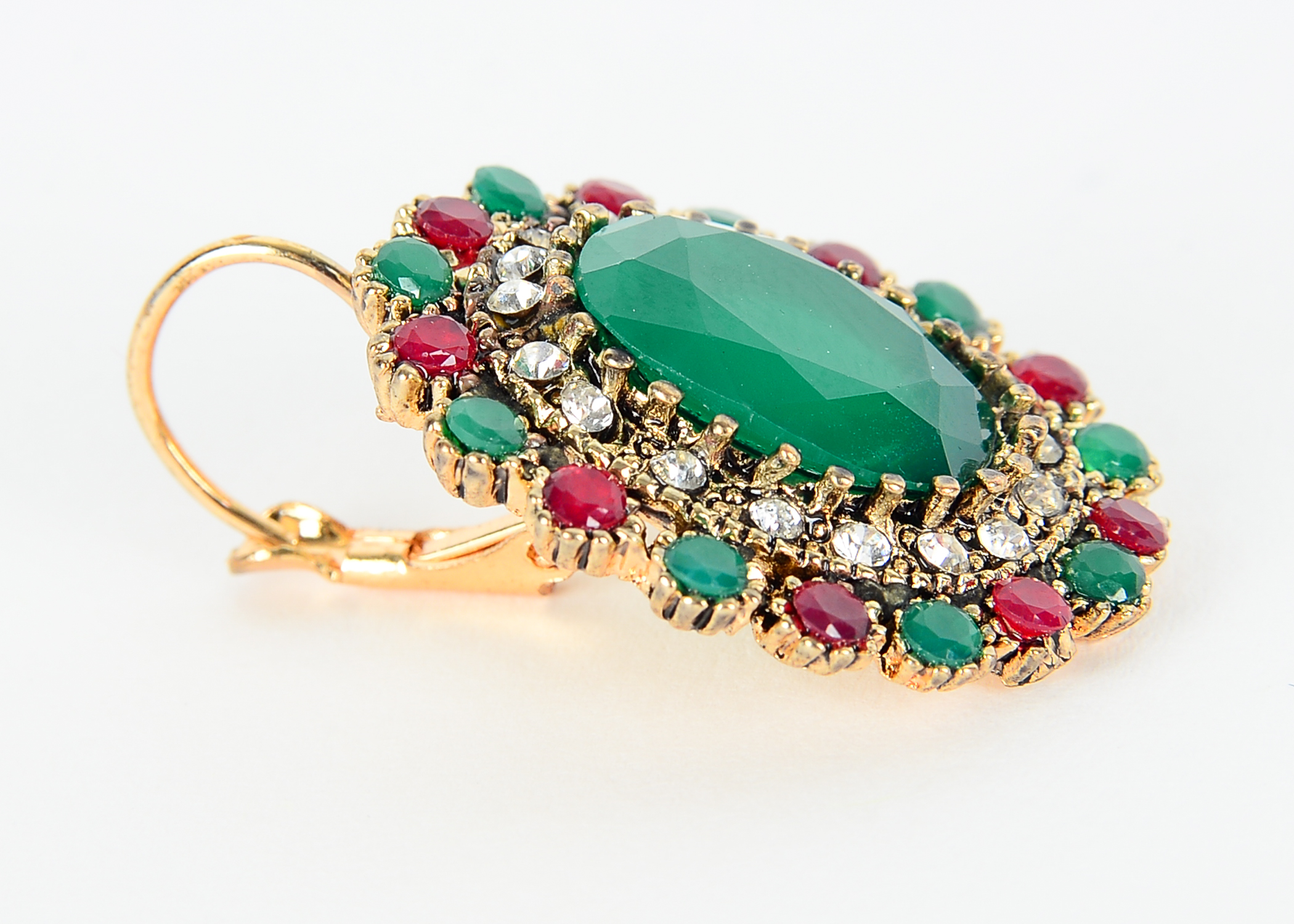 Two Pairs of Ruby, Rhinestone, and Chrysoprase Earrings