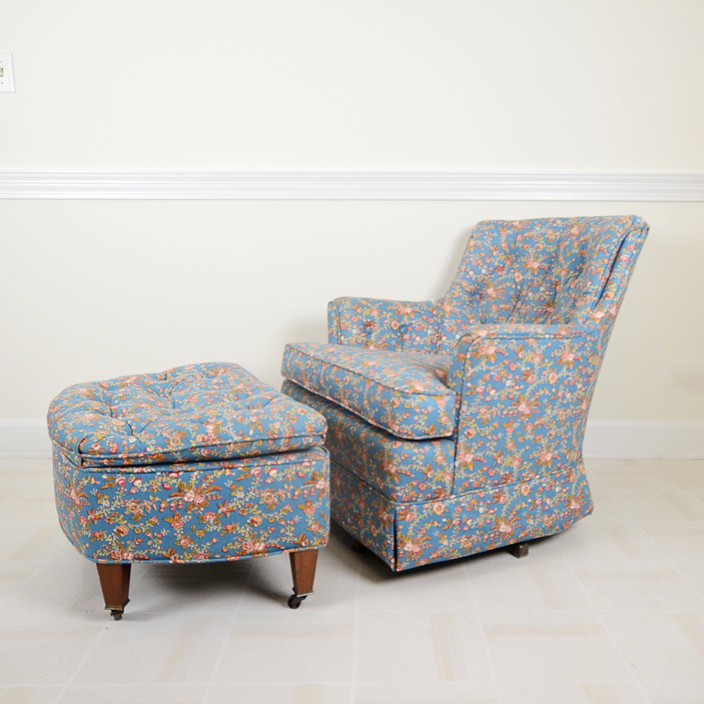 Vintage Tufted Back Floral Armchair and Ottoman