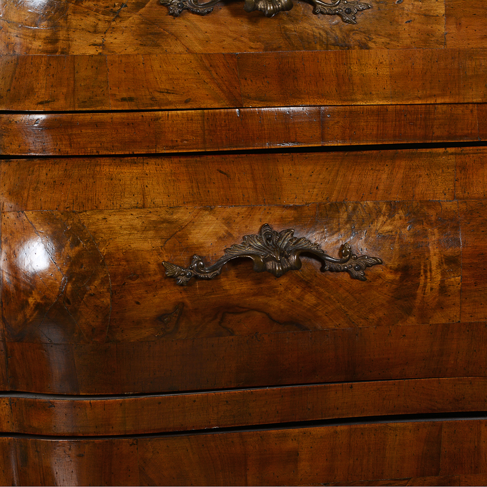 Burled Wood Veneer Bombe Italian Chest of Drawers