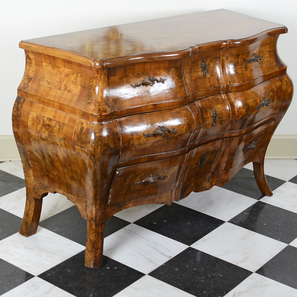 Burled Wood Veneer Bombe Italian Chest of Drawers