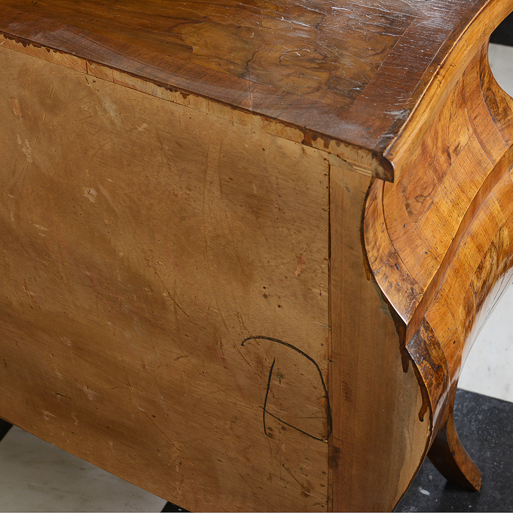 Burled Wood Veneer Bombe Italian Chest of Drawers