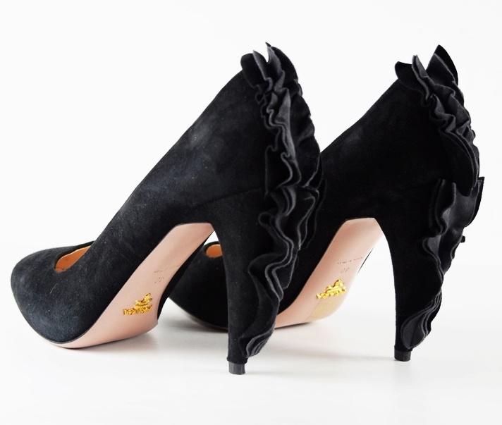 Women's Prada Black Suede Pumps with Ruffle at the Heel