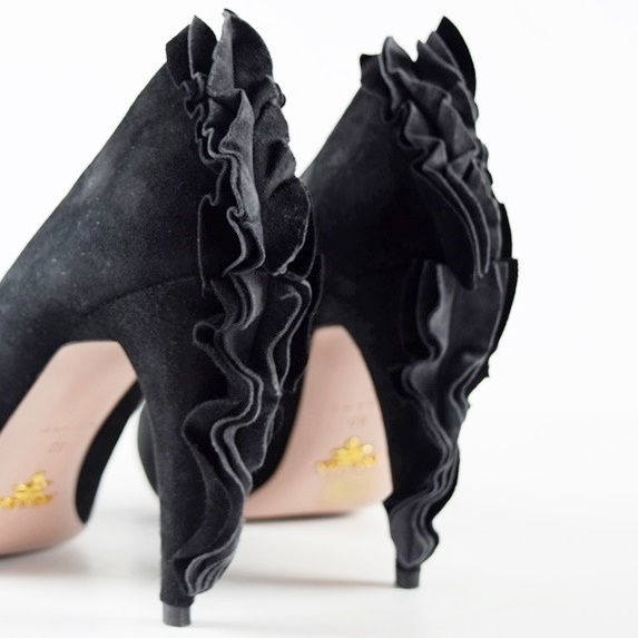 Women's Prada Black Suede Pumps with Ruffle at the Heel