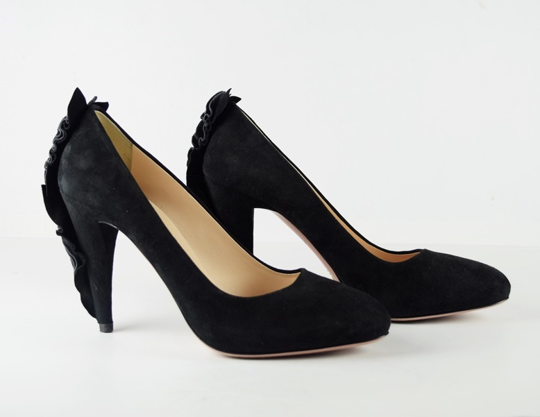 Women's Prada Black Suede Pumps with Ruffle at the Heel