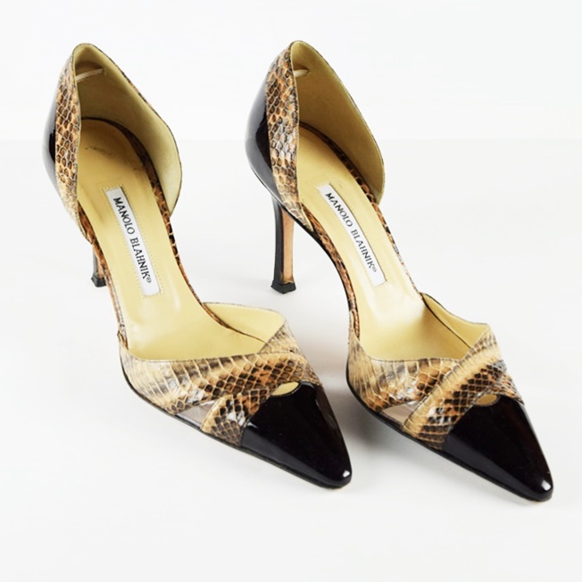 Manolo Blahnik Patent Leather Pumps with Snakeskin Embellishment, Size 39.5
