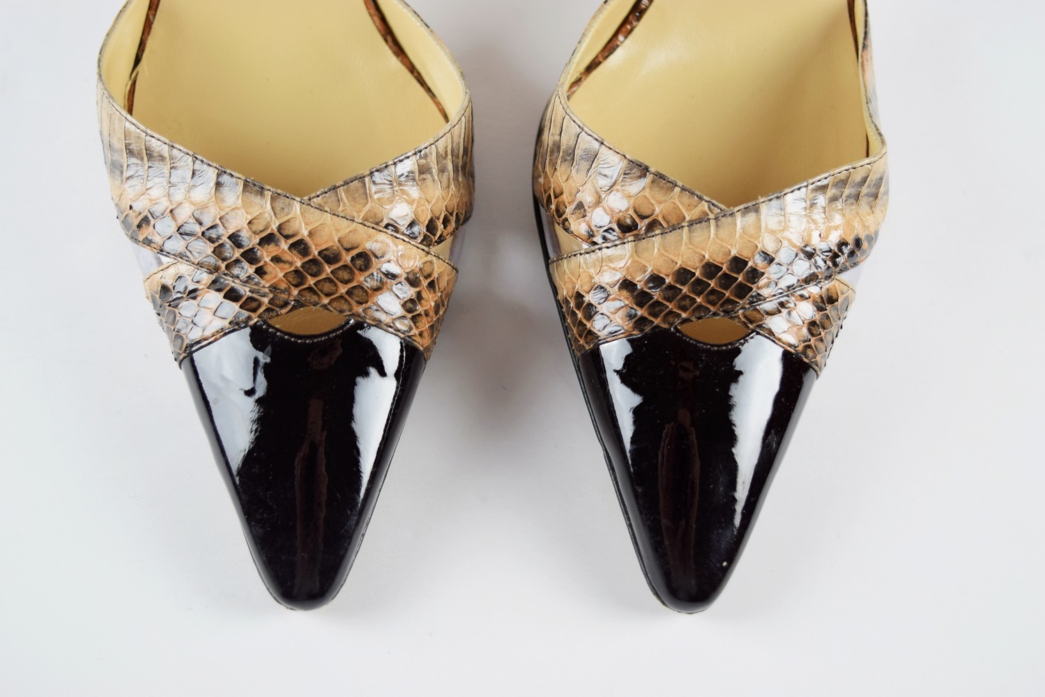 Manolo Blahnik Patent Leather Pumps with Snakeskin Embellishment, Size 39.5