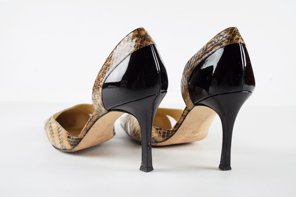 Manolo Blahnik Patent Leather Pumps with Snakeskin Embellishment, Size 39.5