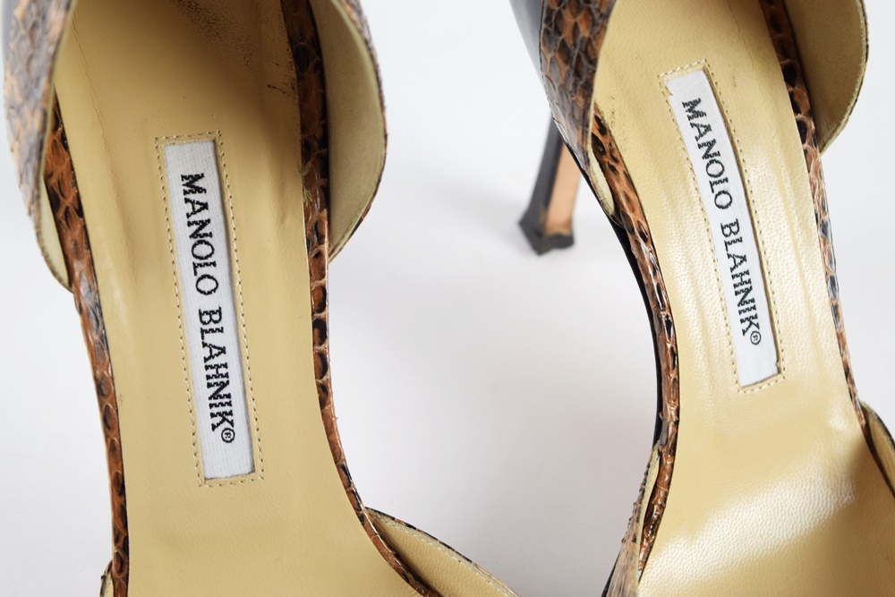 Manolo Blahnik Patent Leather Pumps with Snakeskin Embellishment, Size 39.5