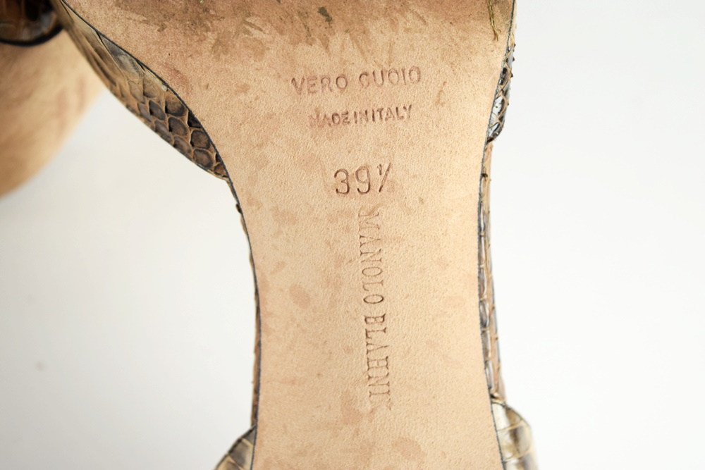 Manolo Blahnik Patent Leather Pumps with Snakeskin Embellishment, Size 39.5