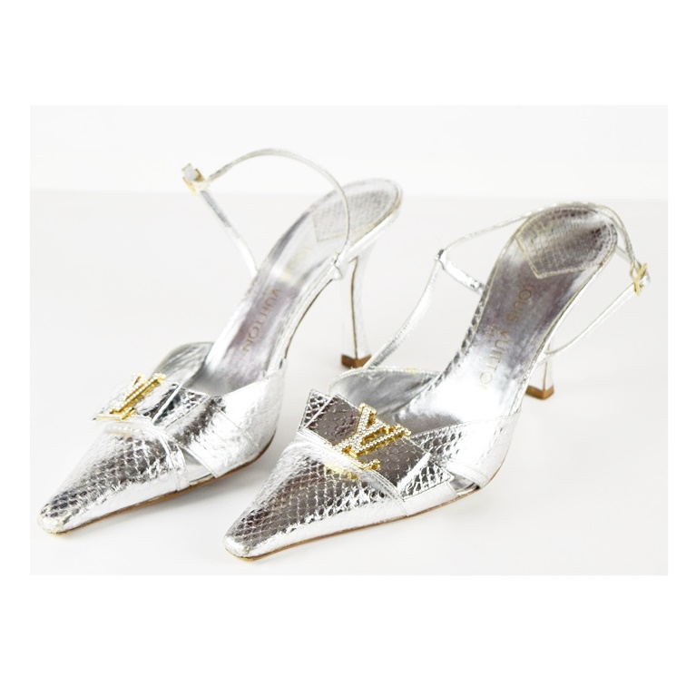 Louis Vuitton Silver Metallic Slingback Heels, Size 39