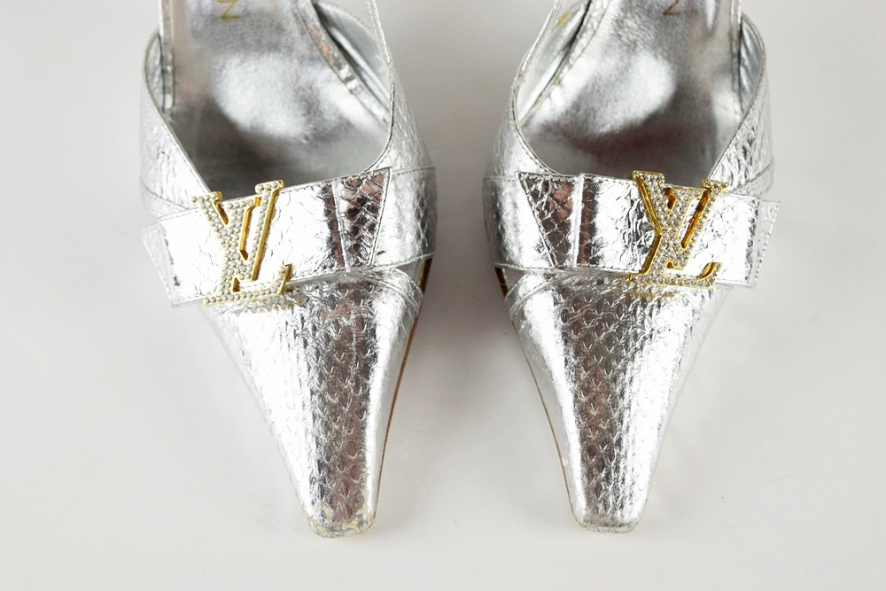 Louis Vuitton Silver Metallic Slingback Heels, Size 39