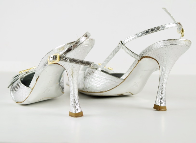 Louis Vuitton Silver Metallic Slingback Heels, Size 39