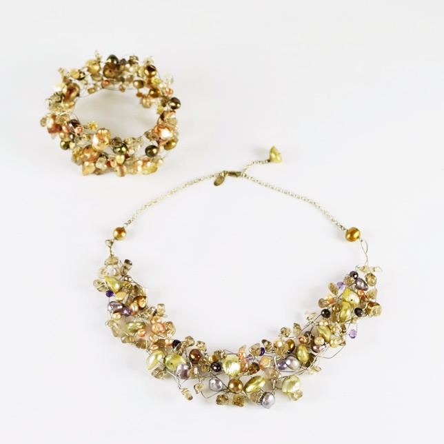 "Deidda Firenze" Pistachio and Apricot Fresh Water Pearl Necklace and Bracelet on Sterling Silver Wire