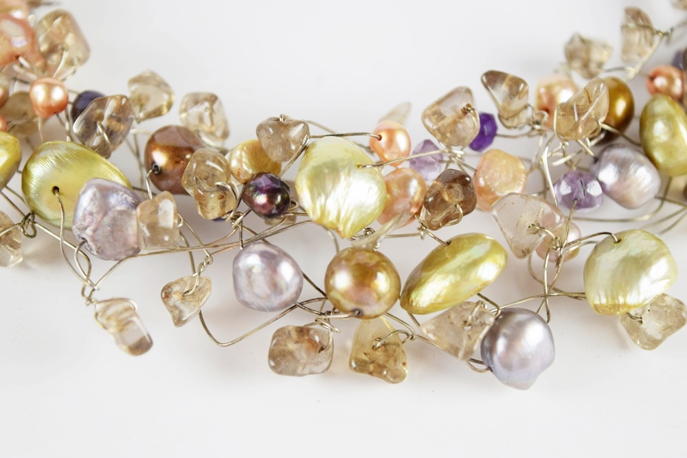 "Deidda Firenze" Pistachio and Apricot Fresh Water Pearl Necklace and Bracelet on Sterling Silver Wire