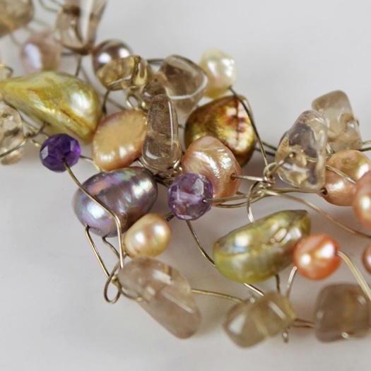 "Deidda Firenze" Pistachio and Apricot Fresh Water Pearl Necklace and Bracelet on Sterling Silver Wire