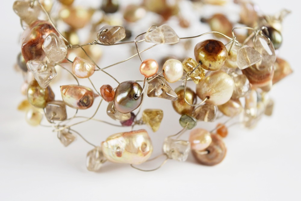 "Deidda Firenze" Pistachio and Apricot Fresh Water Pearl Necklace and Bracelet on Sterling Silver Wire