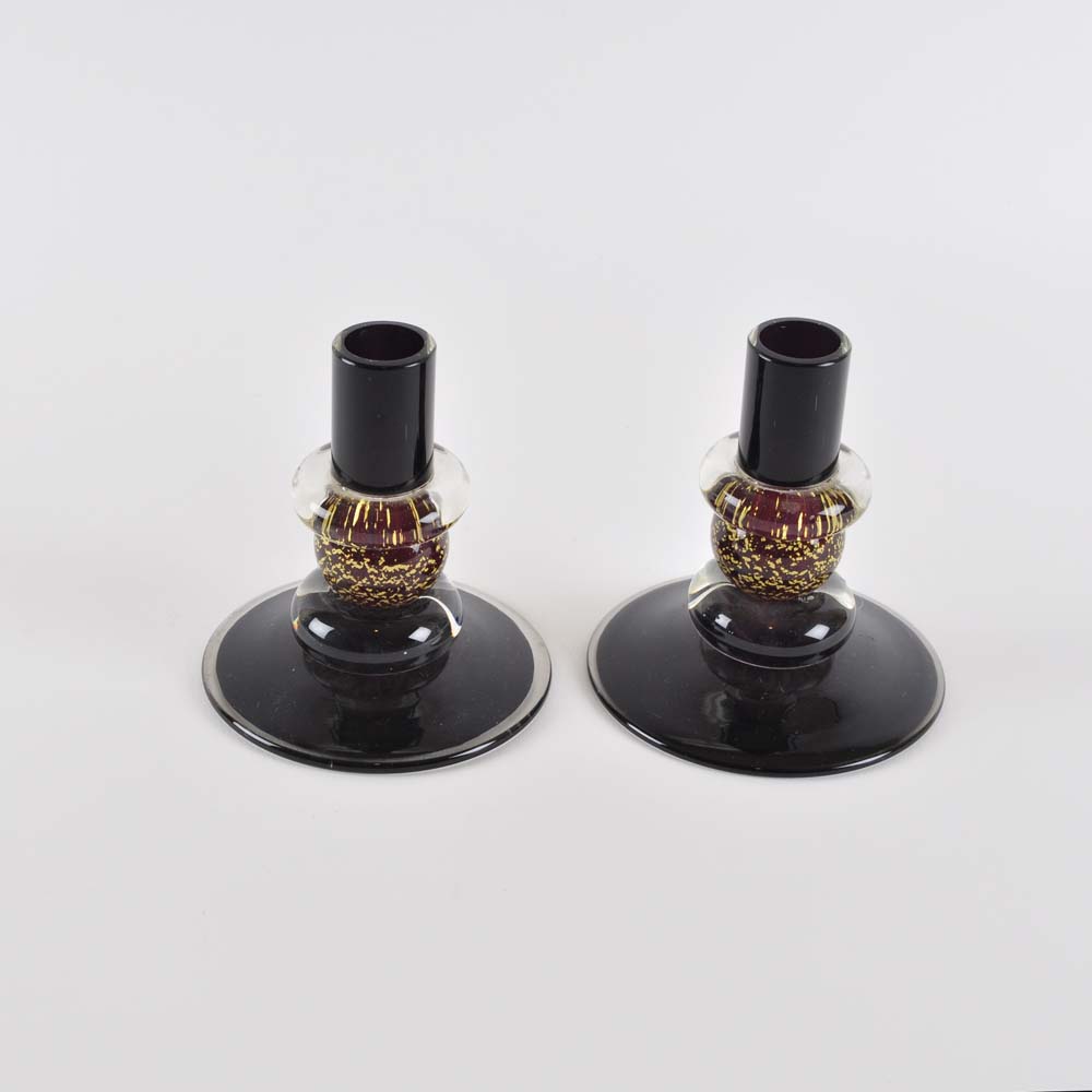 Signed Jim Holmes Chatham Glass Co. Euro Marble Candlesticks Holders