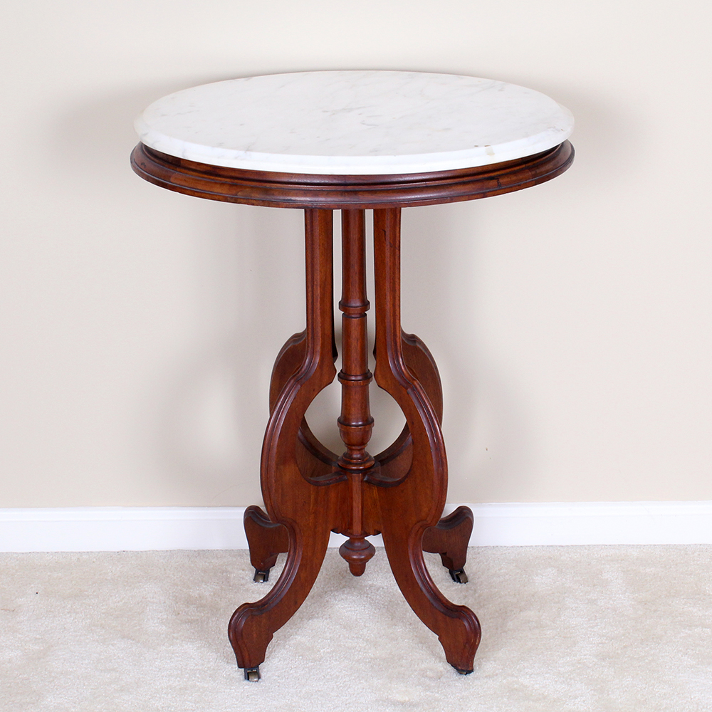 Victorian Eastlake White Marble Top Accent Table with Carved Cherry Base