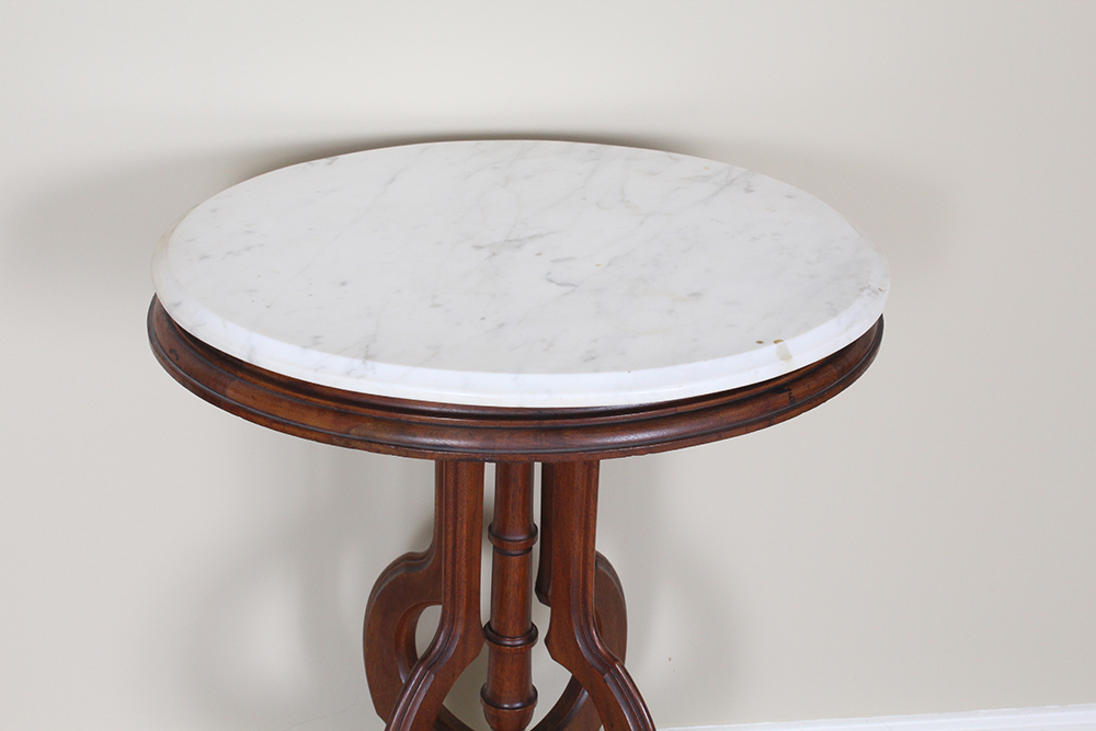 Victorian Eastlake White Marble Top Accent Table with Carved Cherry Base