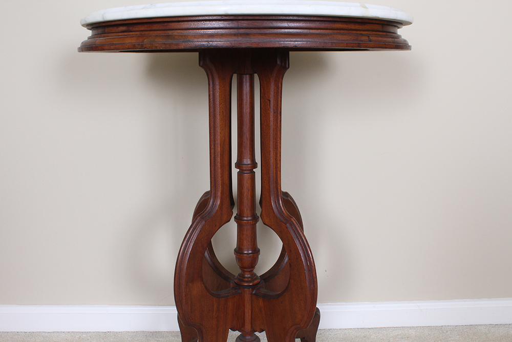 Victorian Eastlake White Marble Top Accent Table with Carved Cherry Base
