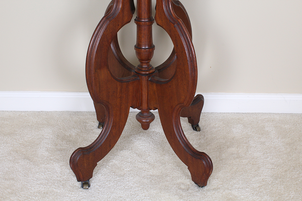 Victorian Eastlake White Marble Top Accent Table with Carved Cherry Base