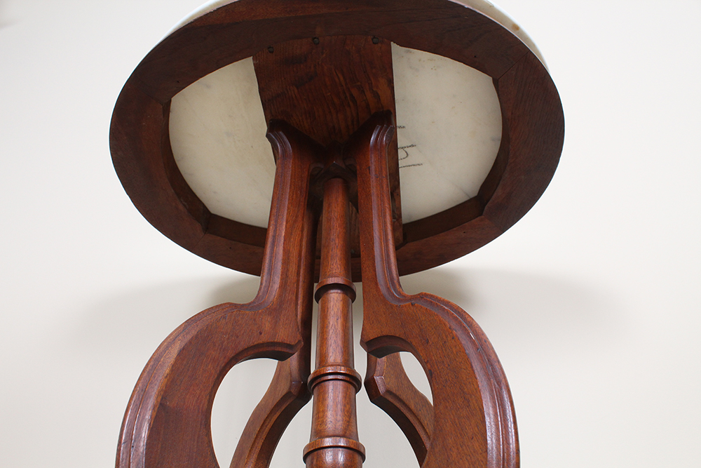 Victorian Eastlake White Marble Top Accent Table with Carved Cherry Base