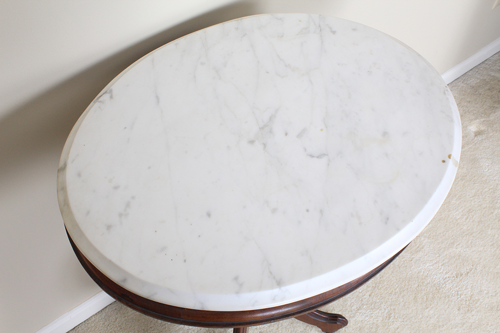 Victorian Eastlake White Marble Top Accent Table with Carved Cherry Base