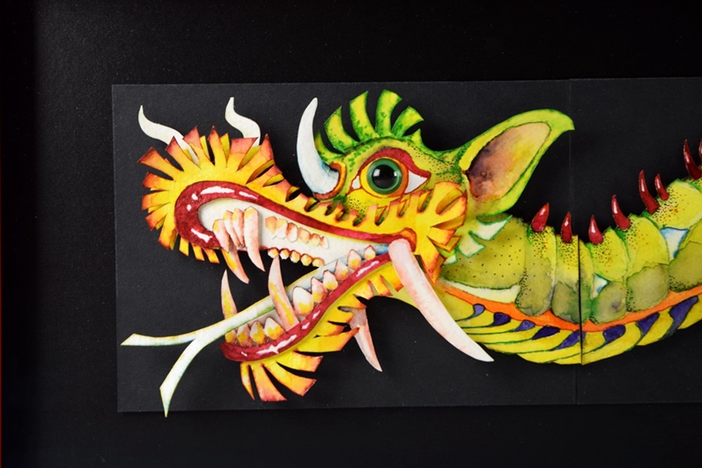 Jeffrey Crowe's Whimsical Sculpted Watercolor Titled "A Yard of Green Dragon", Framed