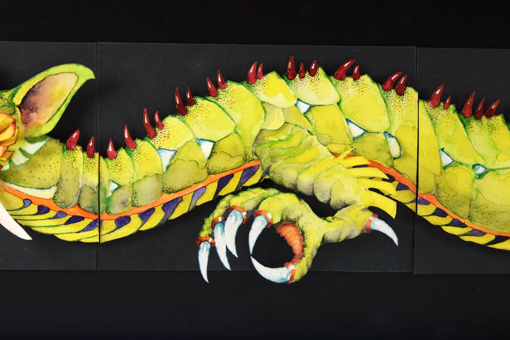 Jeffrey Crowe's Whimsical Sculpted Watercolor Titled "A Yard of Green Dragon", Framed