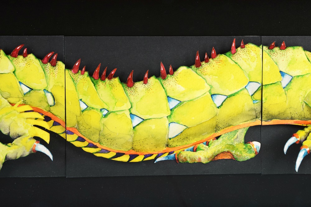 Jeffrey Crowe's Whimsical Sculpted Watercolor Titled "A Yard of Green Dragon", Framed