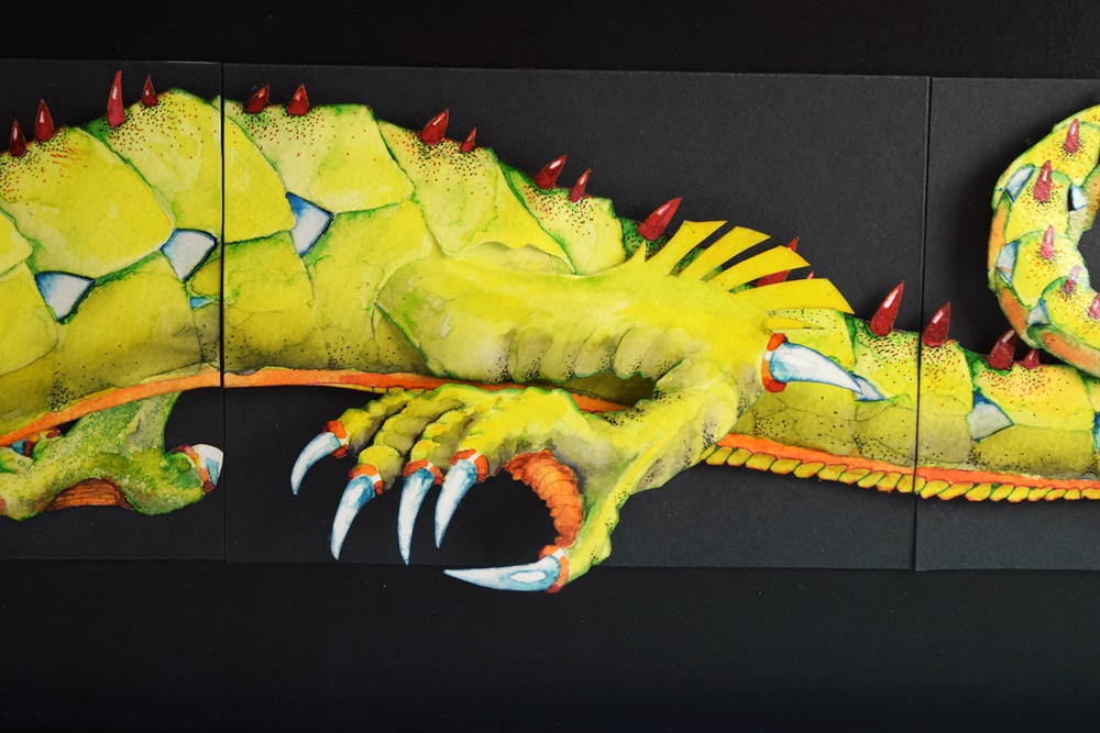 Jeffrey Crowe's Whimsical Sculpted Watercolor Titled "A Yard of Green Dragon", Framed