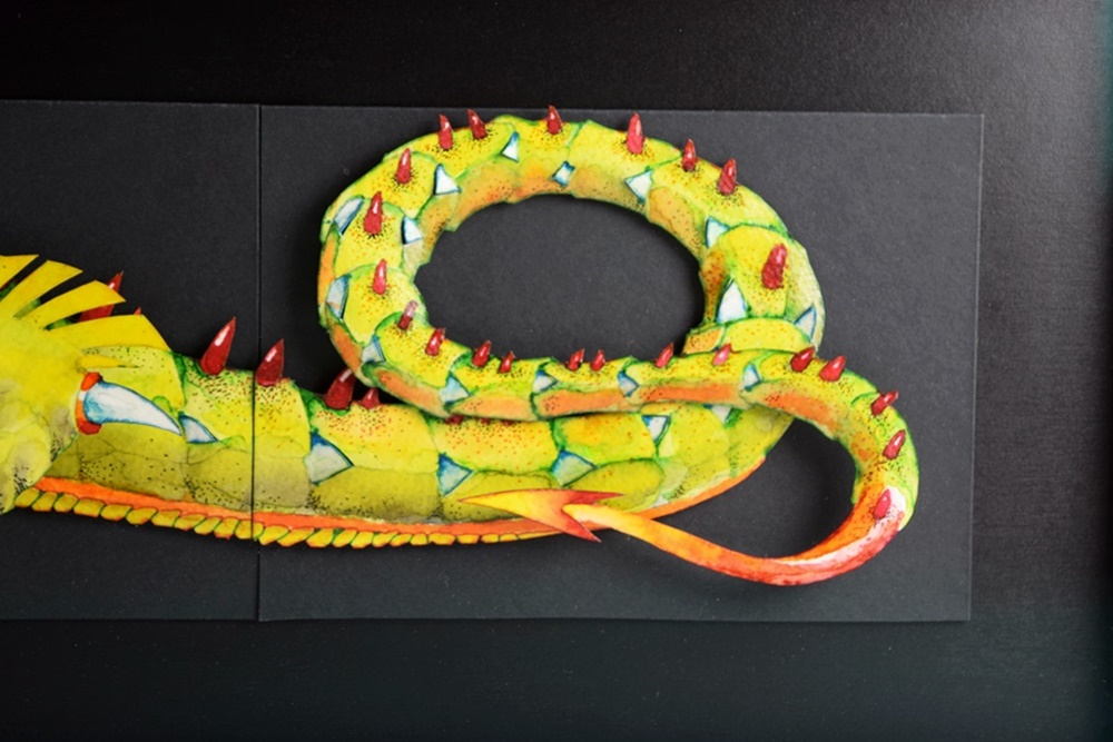 Jeffrey Crowe's Whimsical Sculpted Watercolor Titled "A Yard of Green Dragon", Framed