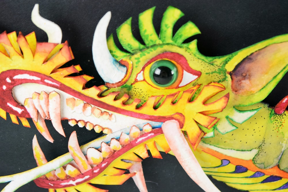 Jeffrey Crowe's Whimsical Sculpted Watercolor Titled "A Yard of Green Dragon", Framed