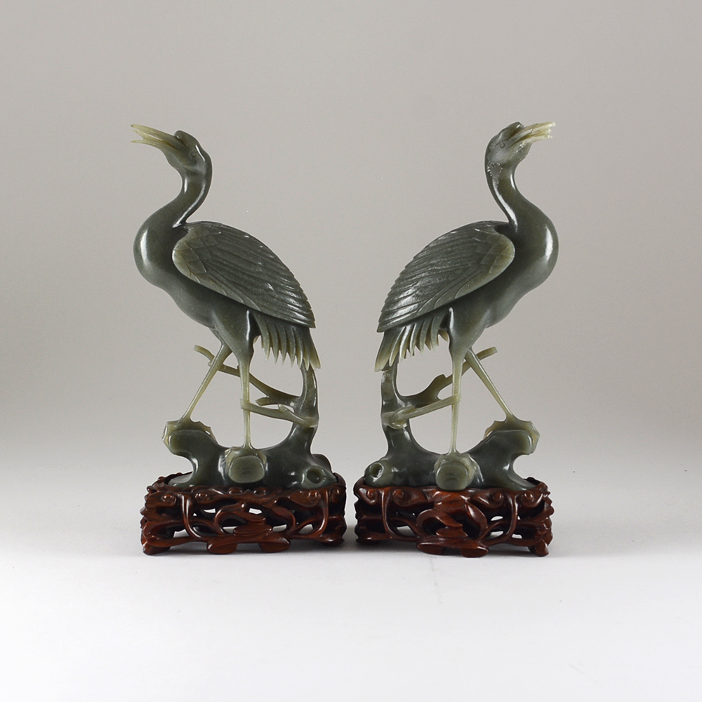 Carved Green Stone Crane Pair