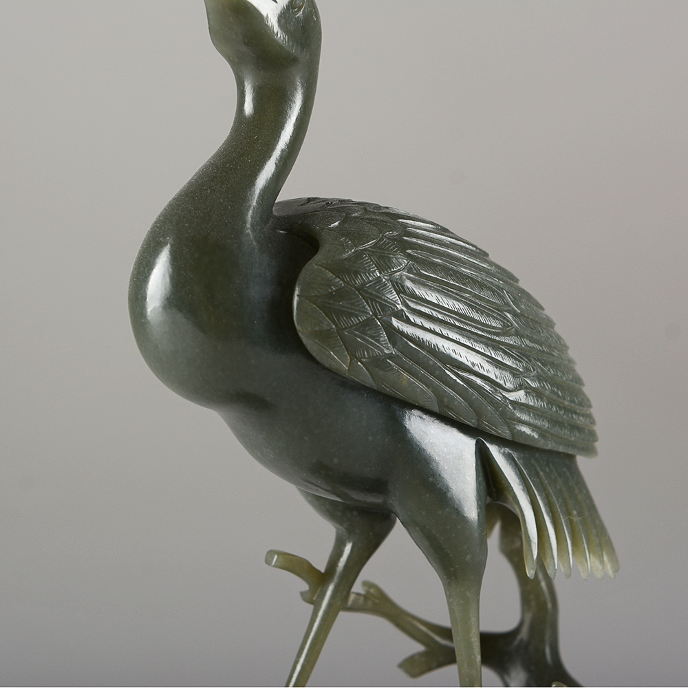 Carved Green Stone Crane Pair