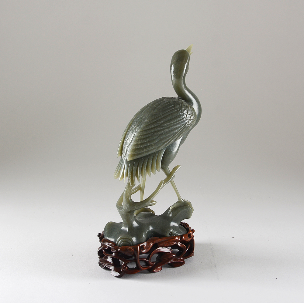 Carved Green Stone Crane Pair
