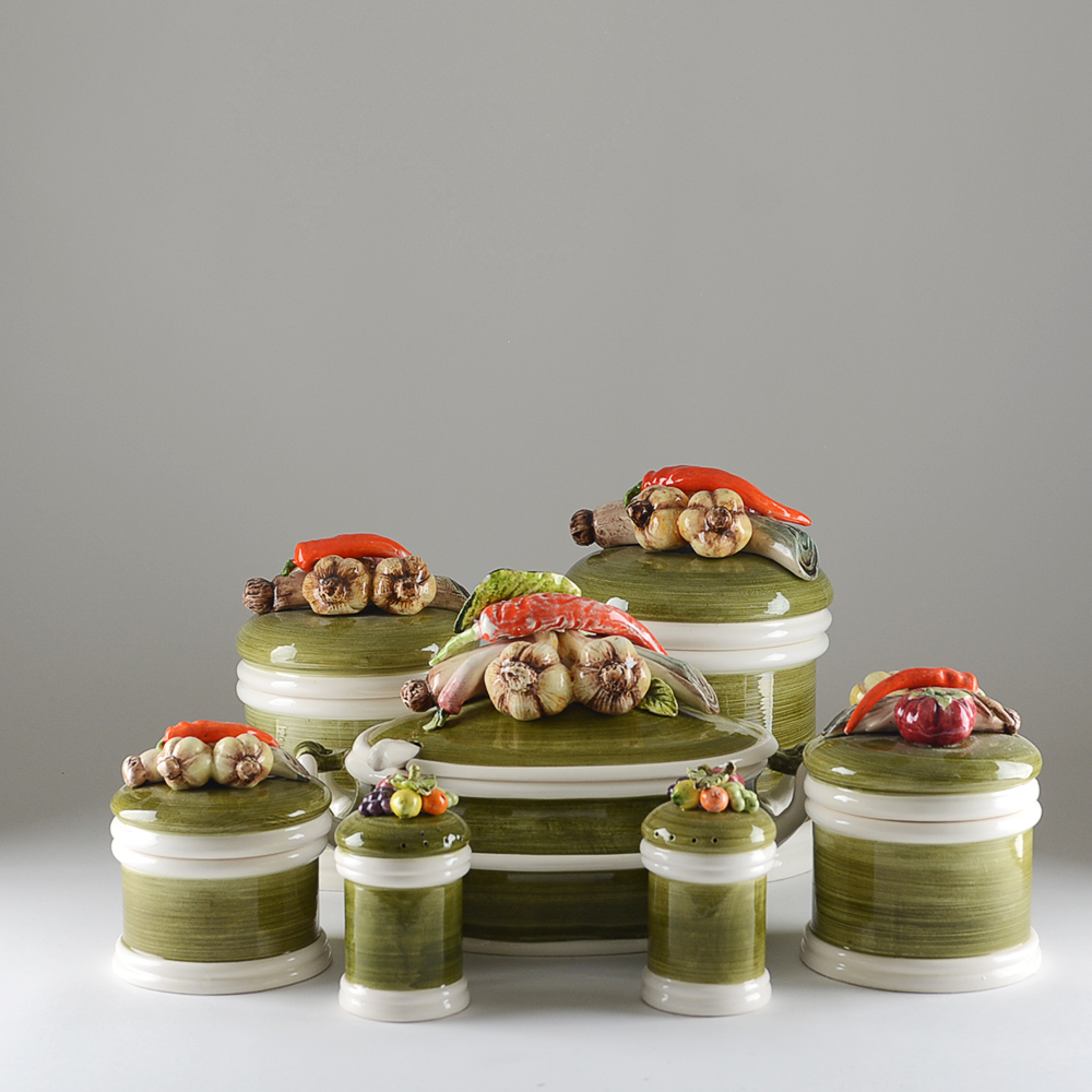 Vintage Capodimonte Style Garden Harvest Casserole Dish and Canister Set