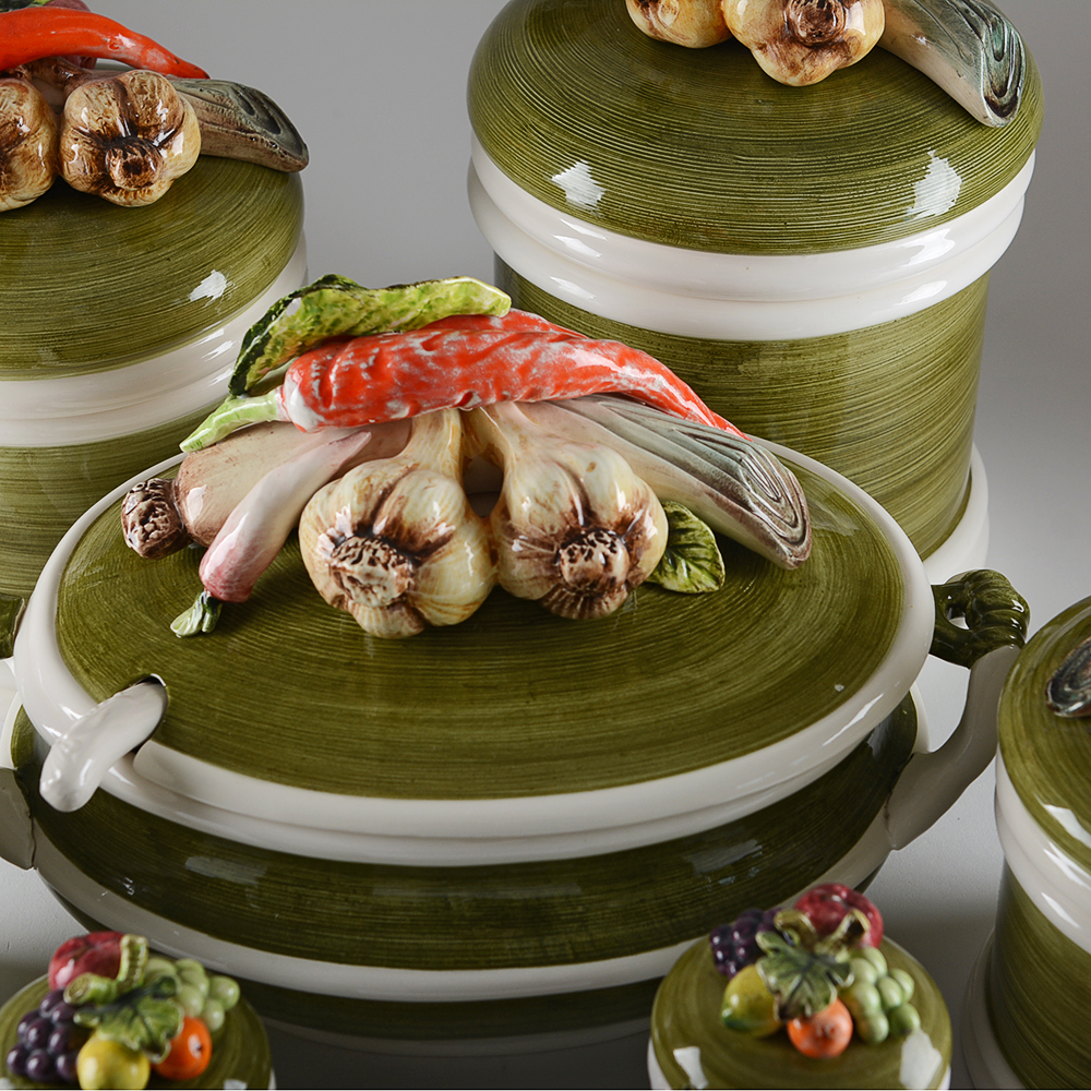 Vintage Capodimonte Style Garden Harvest Casserole Dish and Canister Set