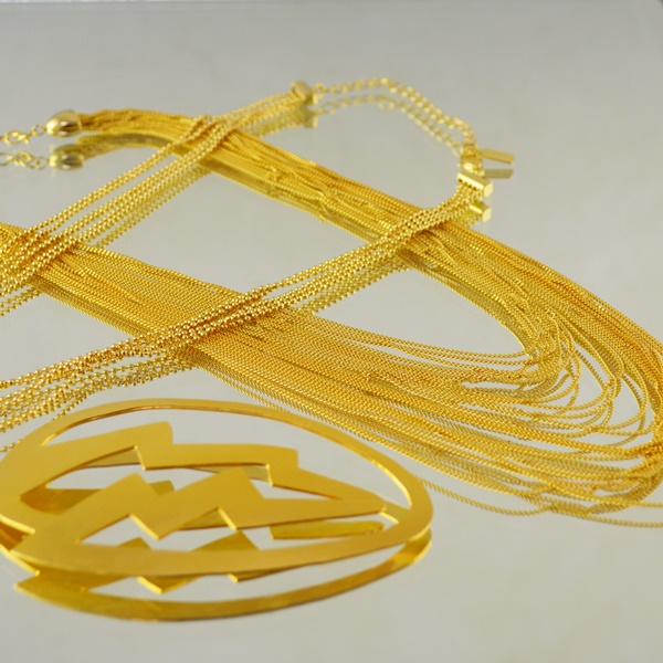 Two Gold Tone Multi-Strand Necklaces and Scarf Ring