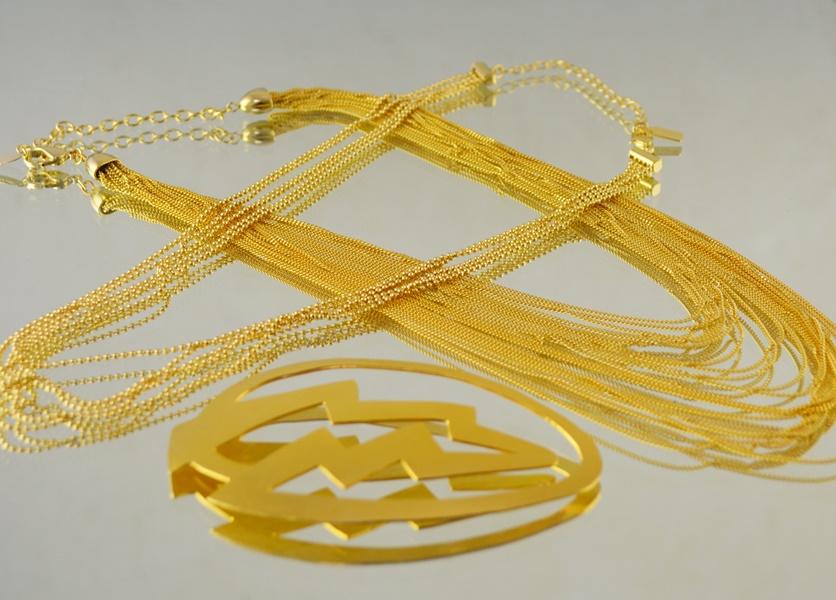 Two Gold Tone Multi-Strand Necklaces and Scarf Ring