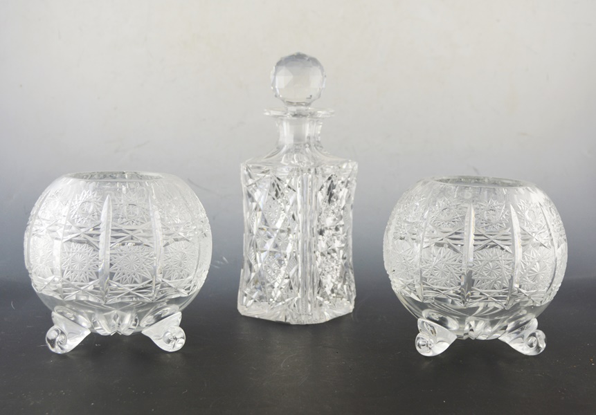 Crystal Hobstar Decanter and Heavy Crystal Ball Vases