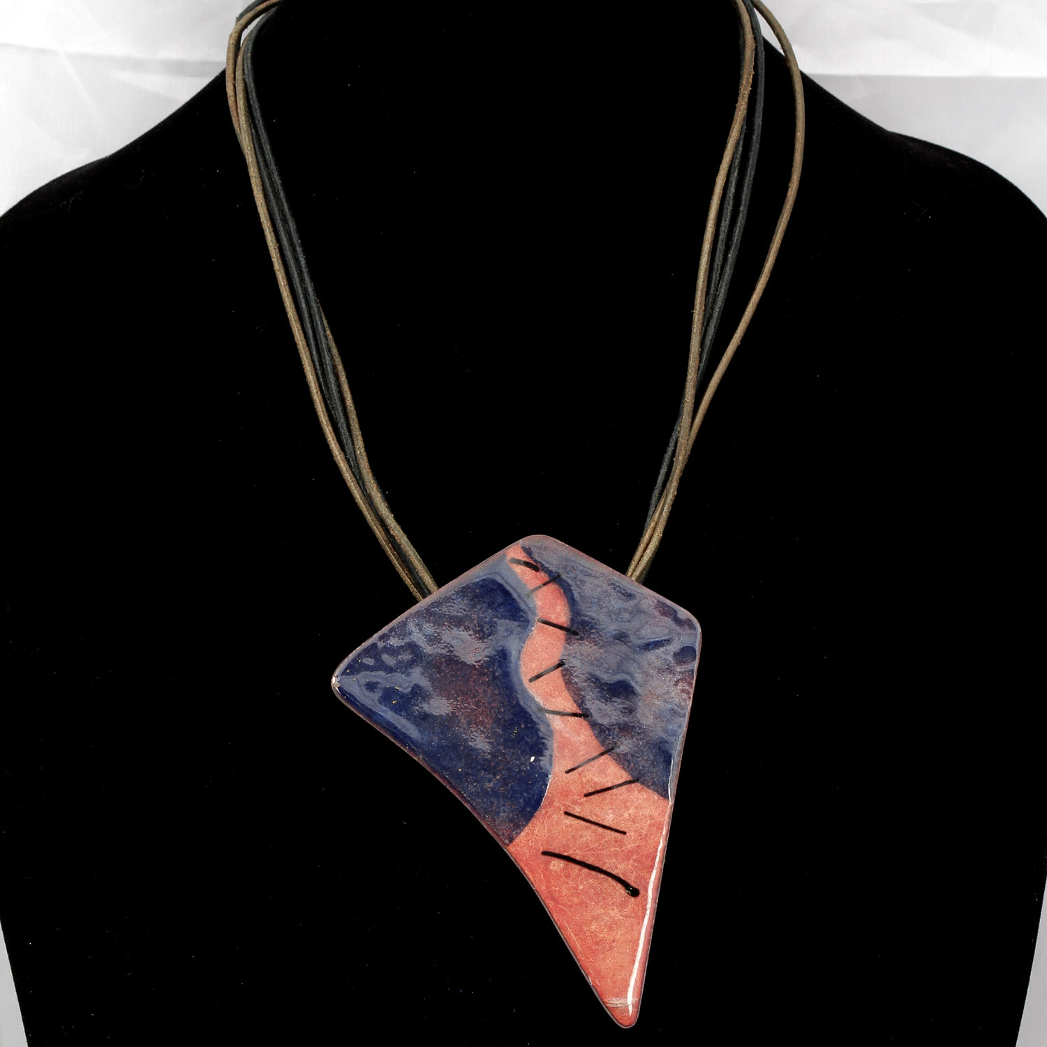 Vintage Modernist Enameled Copper Statement Necklace on Leather Cords