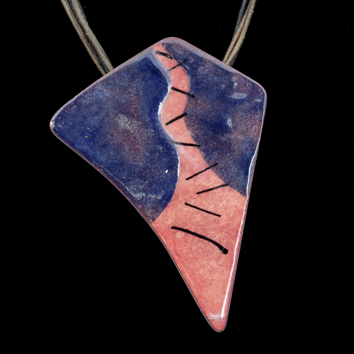 Vintage Modernist Enameled Copper Statement Necklace on Leather Cords