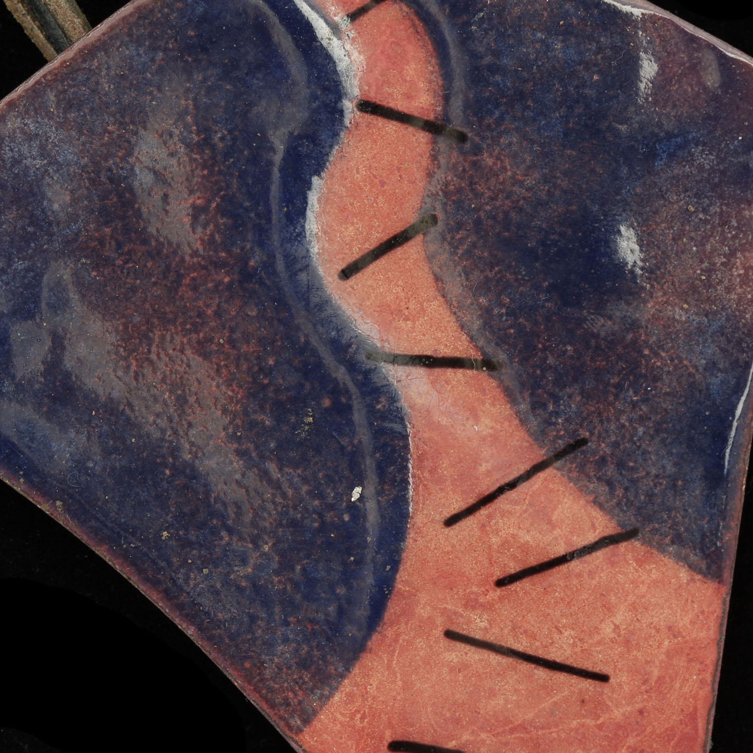 Vintage Modernist Enameled Copper Statement Necklace on Leather Cords