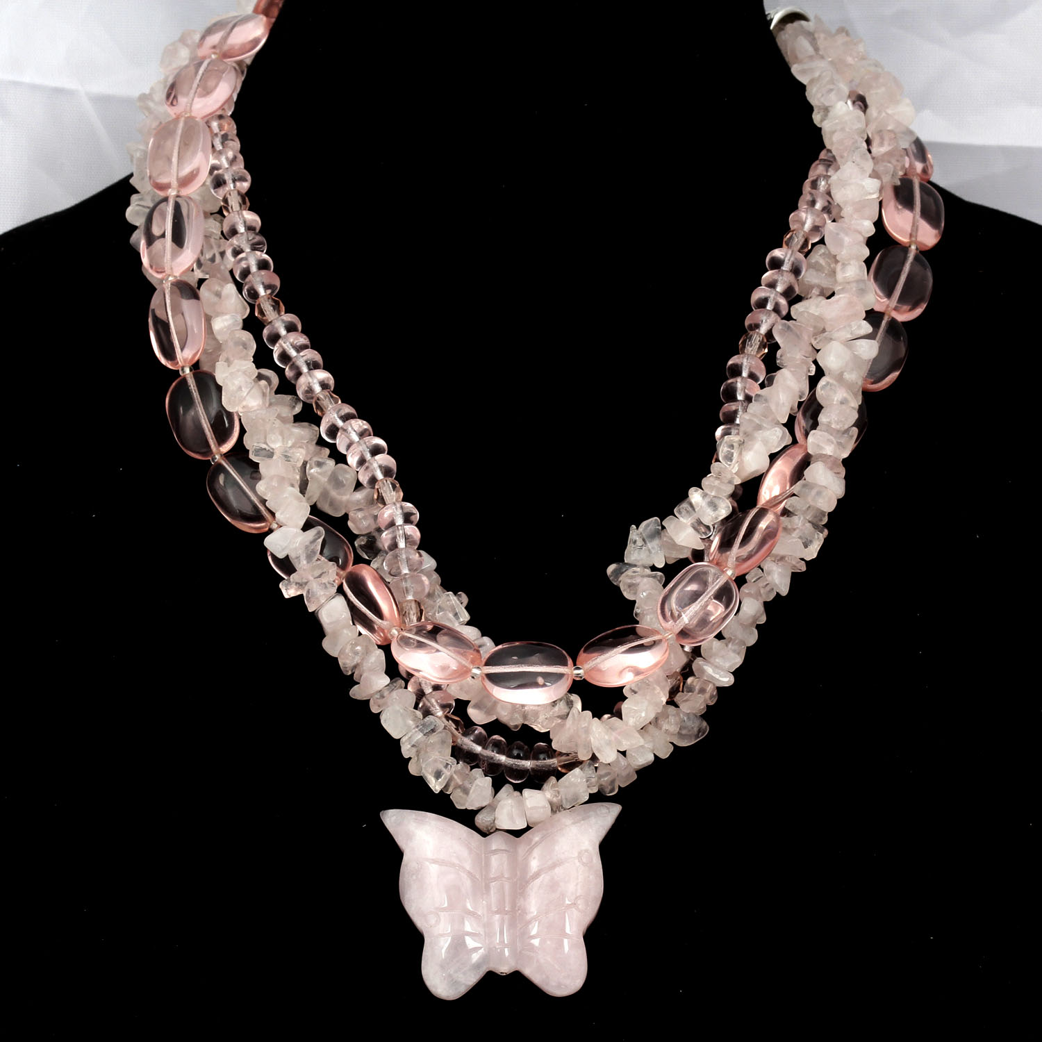 Heavy Multi Strand Rose Quartz Butterfly Necklace