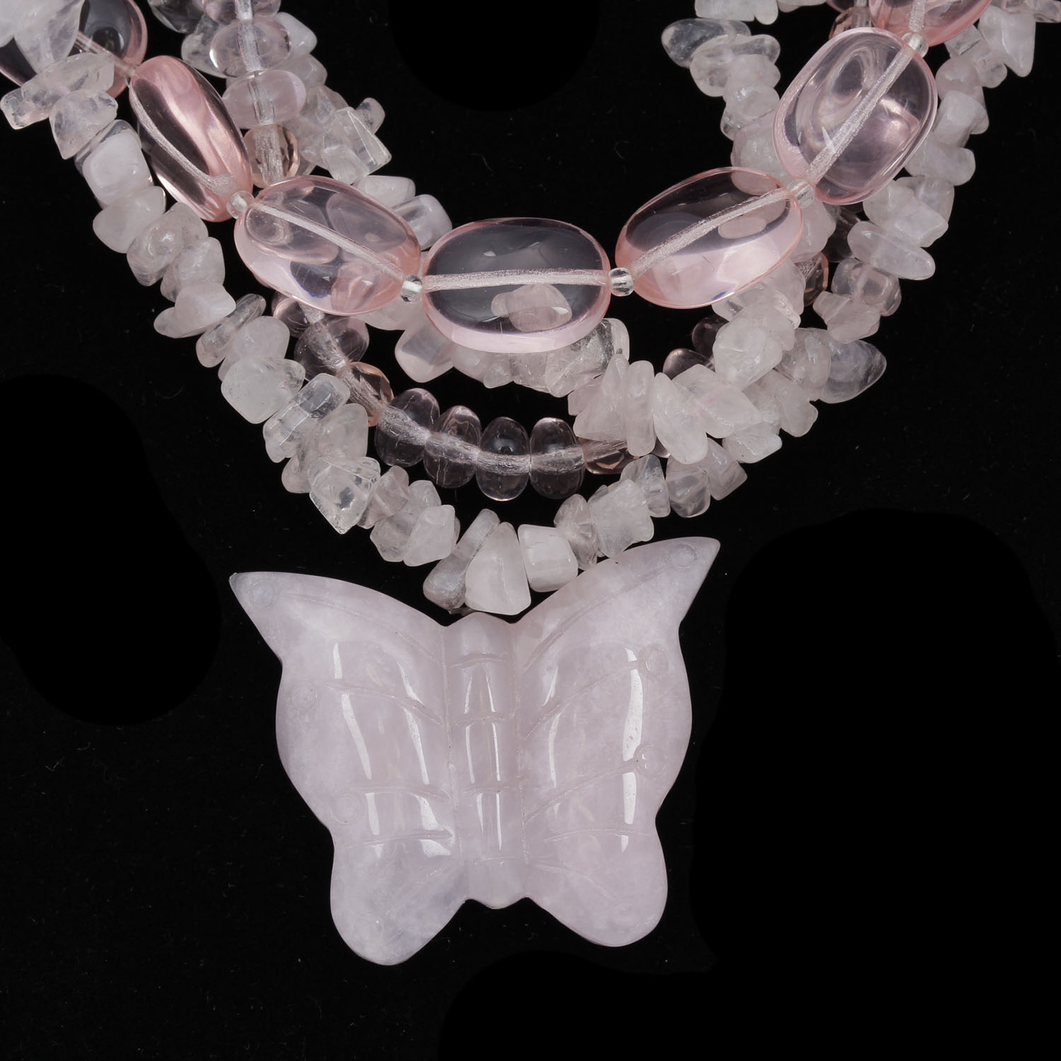 Heavy Multi Strand Rose Quartz Butterfly Necklace